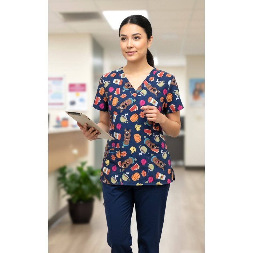 Scooby Doo Autumn Scrub Top, Pumpkin Spice, Fall, Navy Blue, V-Neck, Medium